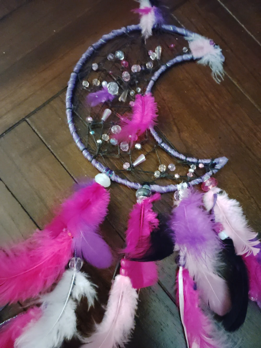 Crescent Moon Dreamcatcher with Pink & Purple Feathers
